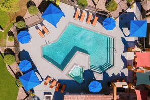 A swimming pool with sun loungers and umbrellas, surrounded by a landscaped area. - Pool | Gym | Patio | Great For Mid/Long Stays (Mesa)