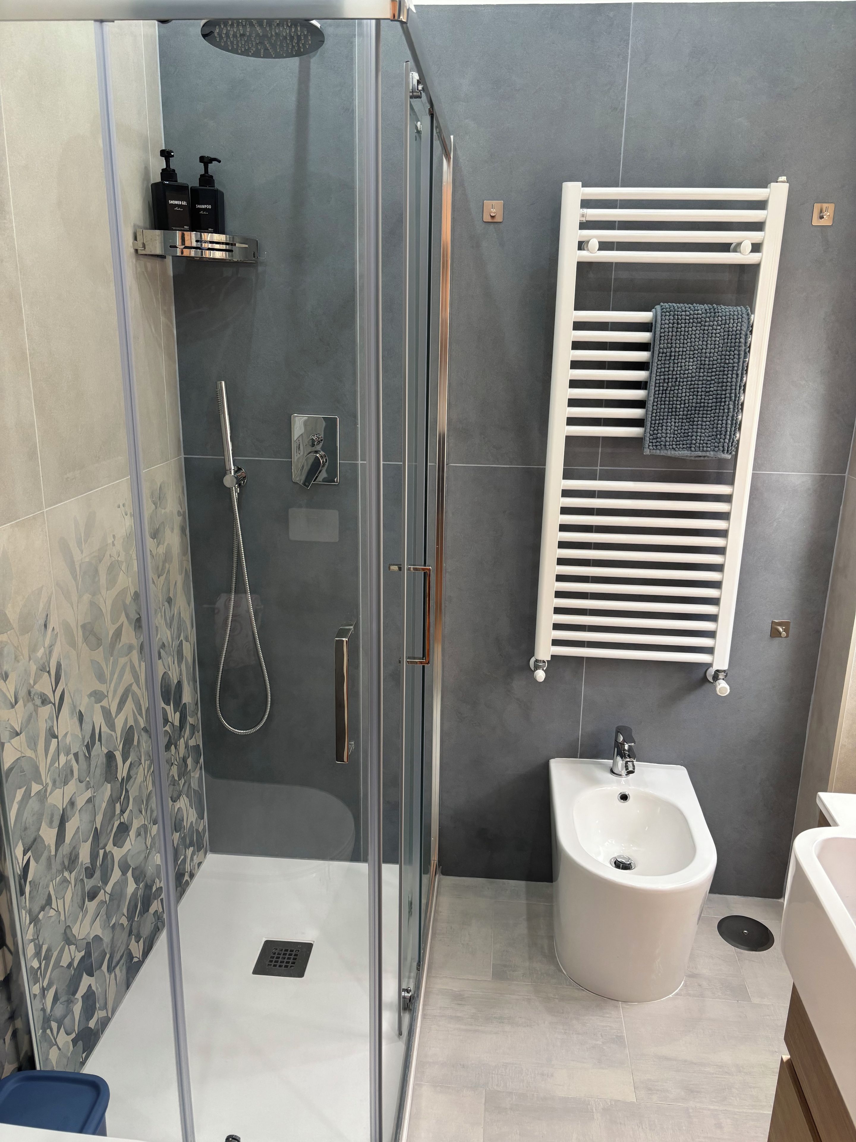 Ein modernes Badezimmer mit einer gläsernen Dusche, einem Bidet und einem weißen Waschbecken.