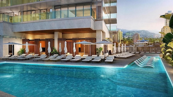 Ein modernes Hotel mit einem Rooftop-Infinity-Pool, Liegestühlen und Blick auf die Skyline.