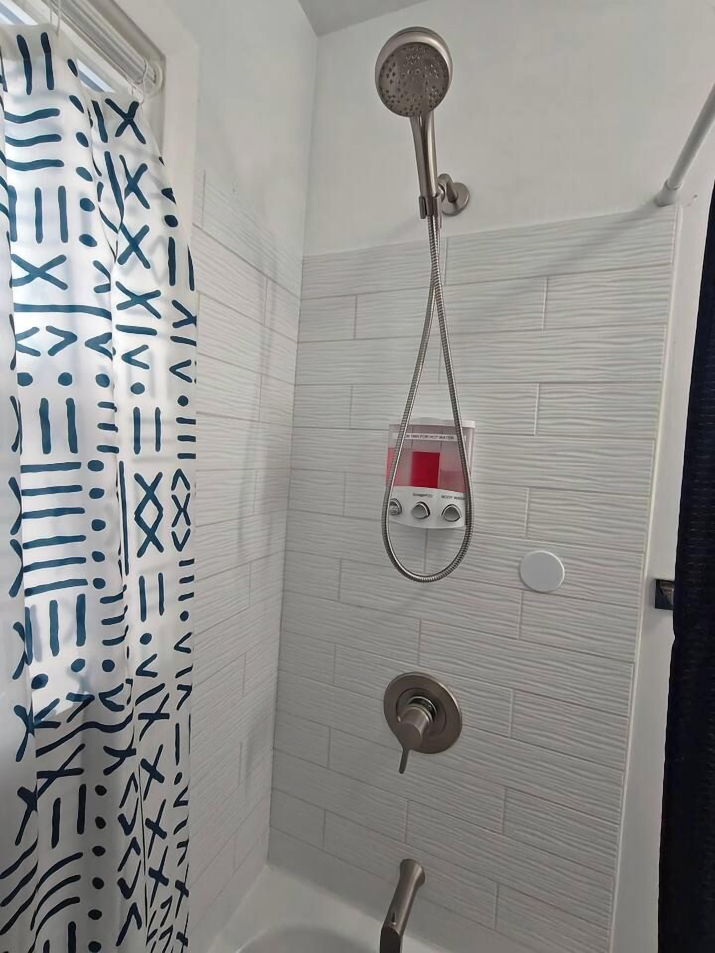 Hair dryer, towels, soap, shampoo