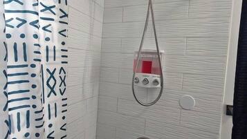 Hair dryer, towels, soap, shampoo