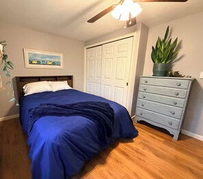 A bedroom with a bed, a dresser, a ceiling fan, a door, and a wall-mounted plant. - 4-bedroom Village of Dryden house/ 9 mi. to Greek Peak skiing, Cornell, Cortland (Dryden)