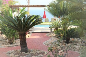 A pathway leading to a pool area with palm trees and a view of the sea. - Sea-view condo w/ pool & palapa (Puerto Escondido)
