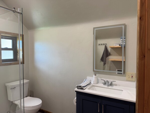 Une salle de bain comprenant des toilettes, une douche en verre, un lavabo avec un miroir et un porte-serviettes.