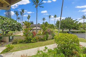 A residential area with a house, palm trees, and a well-maintained lawn.