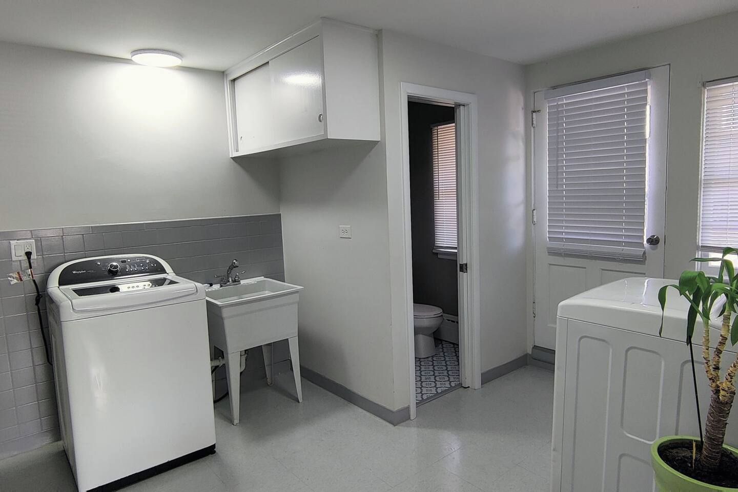 A compact kitchen with a built-in washer, a small sink, and a potted plant.