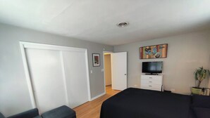 A bedroom with a bed, a sofa, a TV, and a wardrobe.
