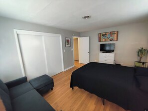A bedroom with a bed, a sofa, a TV, and a wardrobe.