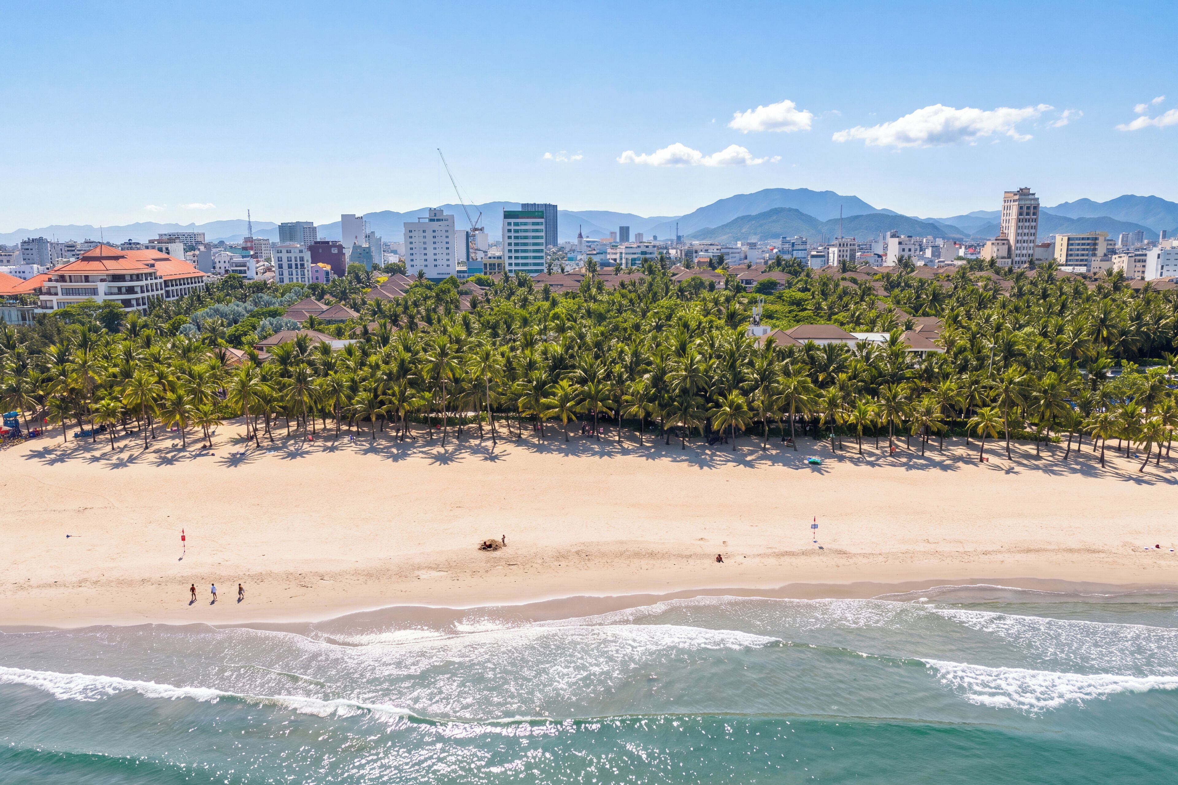 Una playa con palmeras y un paisaje urbano al fondo.