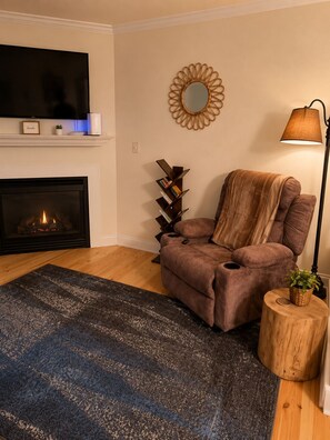 Een woonkamer met een open haard, een televisie, een moderne fauteuil, een boekenkast en een lamp.