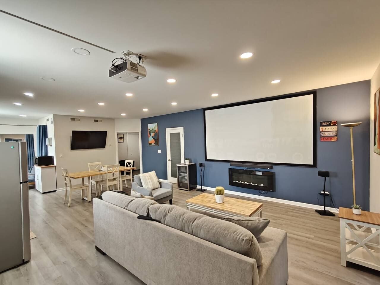 TV, fireplace, books, stereo