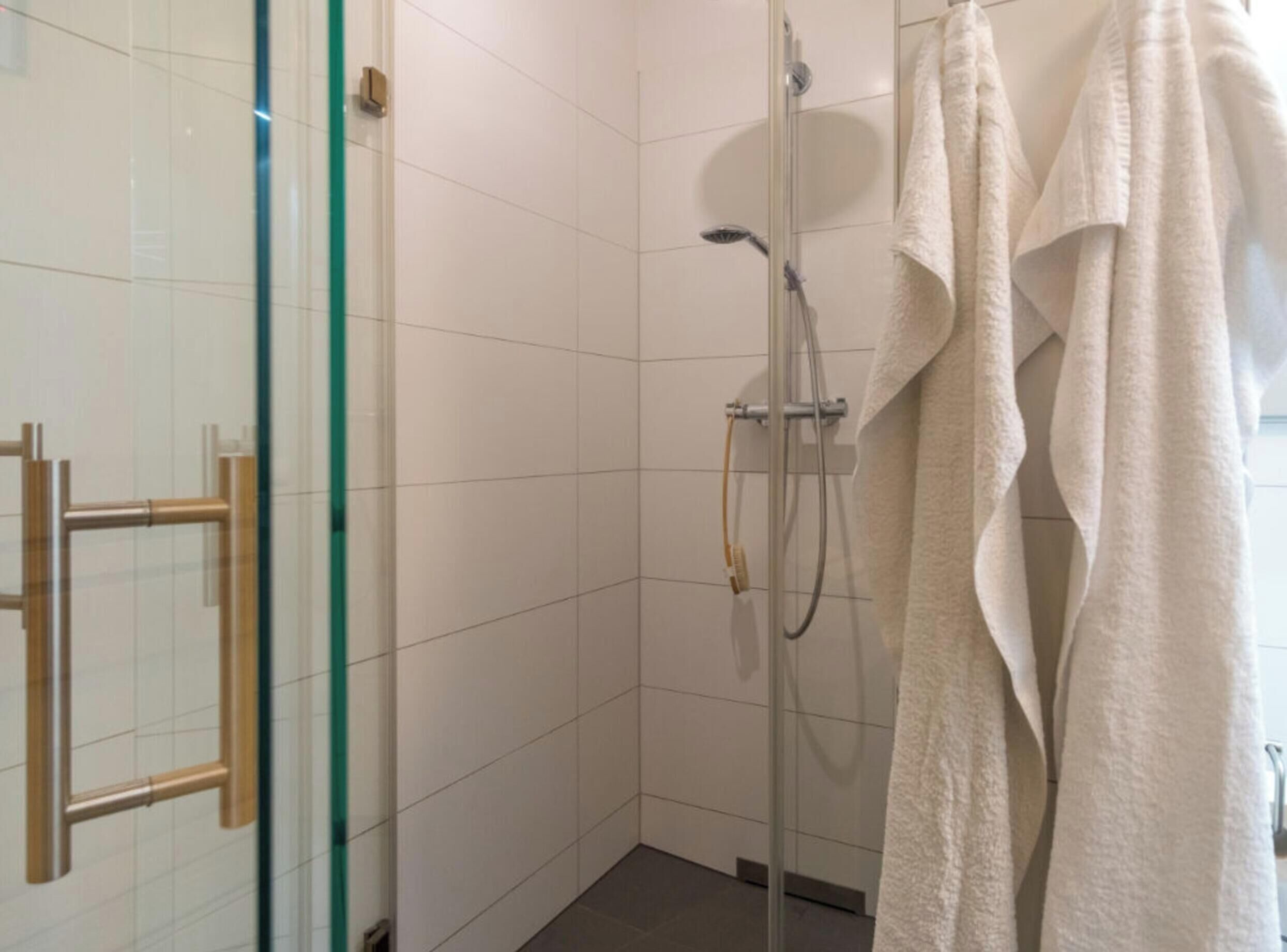 A shower with a glass door, a towel rack, and a white towel.