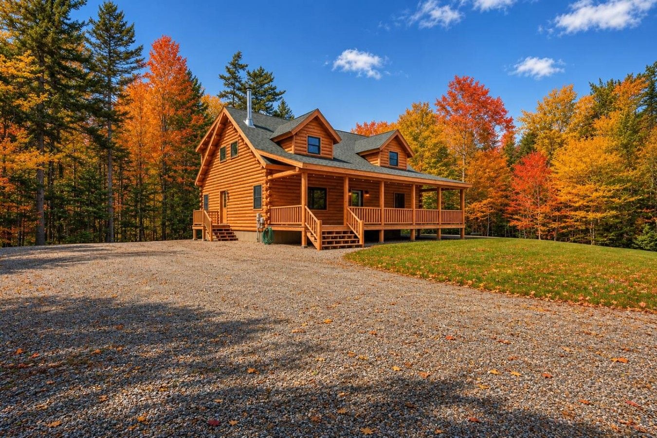 Une cabane en rondins avec un porche et une allée gravillonnée.