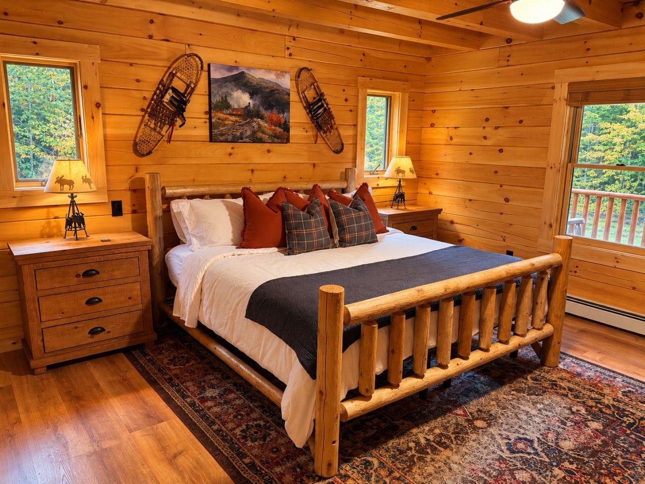A wooden cabin bedroom with a bed, nightstands, and a large window.