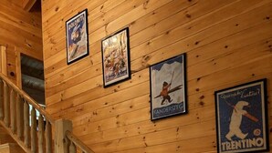 A wooden staircase with a handrail, leading to a lower level. - The Notch | 3 BR + Loft Cabin | Near Bretton Woods (Carroll)