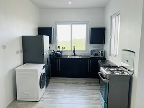 A compact kitchen with a washing machine, a microwave, and a stove. - Modern Diamond View Apartments 2 - Close to Rodney Bay and Airport (Gros Islet)