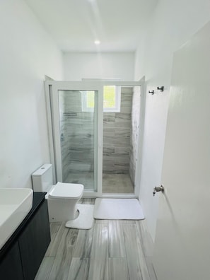 Une salle de bain moderne avec une douche à parois de verre, des toilettes et un lavabo.