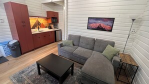 Een knus woongedeelte met een kitchenette, een grijze bank, een kleine tafel en een lijst met een foto aan de muur.
