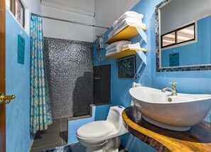 Een badkamer met douche, toilet, wastafel en handdoeken op een plank.