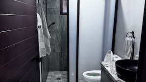 Een moderne badkamer met douche, toilet en wastafel.
