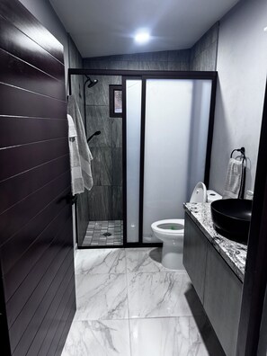 Ein modernes Badezimmer mit Dusche, Toilette und Waschbecken.