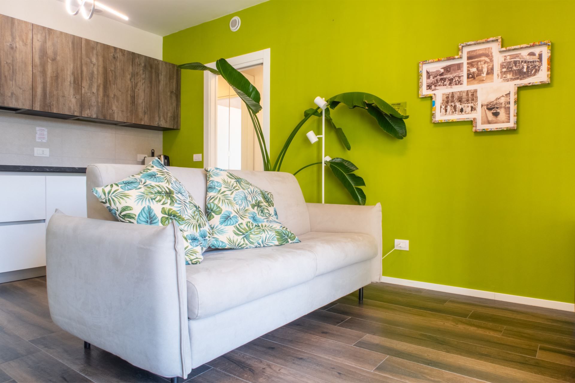 A living room with a sofa, a green wall, and a kitchen in the background.