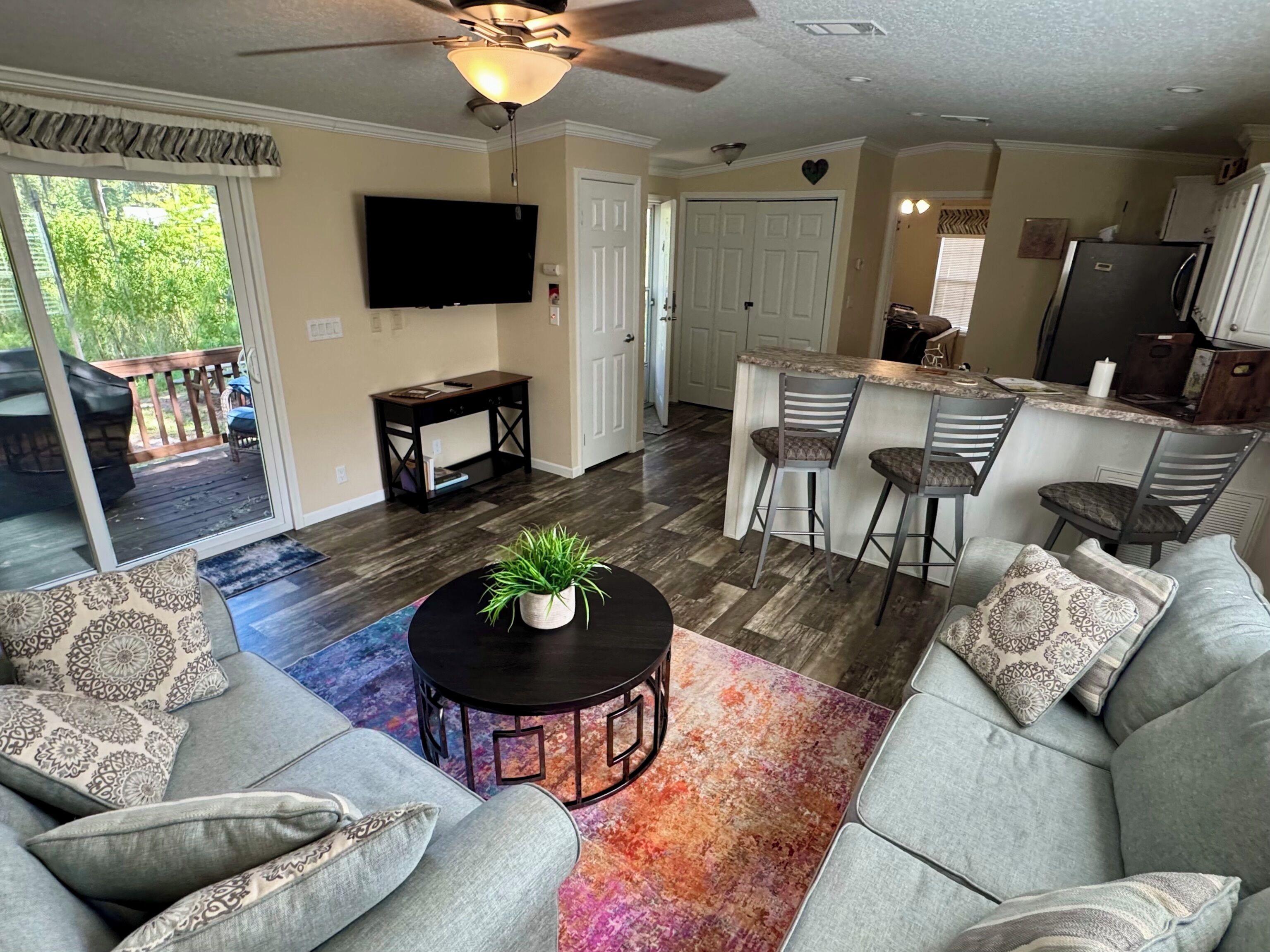 A living room with a sofa, a coffee table with a plant, a TV, and a kitchen area with a refrigerator and bar stools.