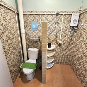 Une salle de bain équipée de toilettes, d’une douche et d’un distributeur de papier toilette.