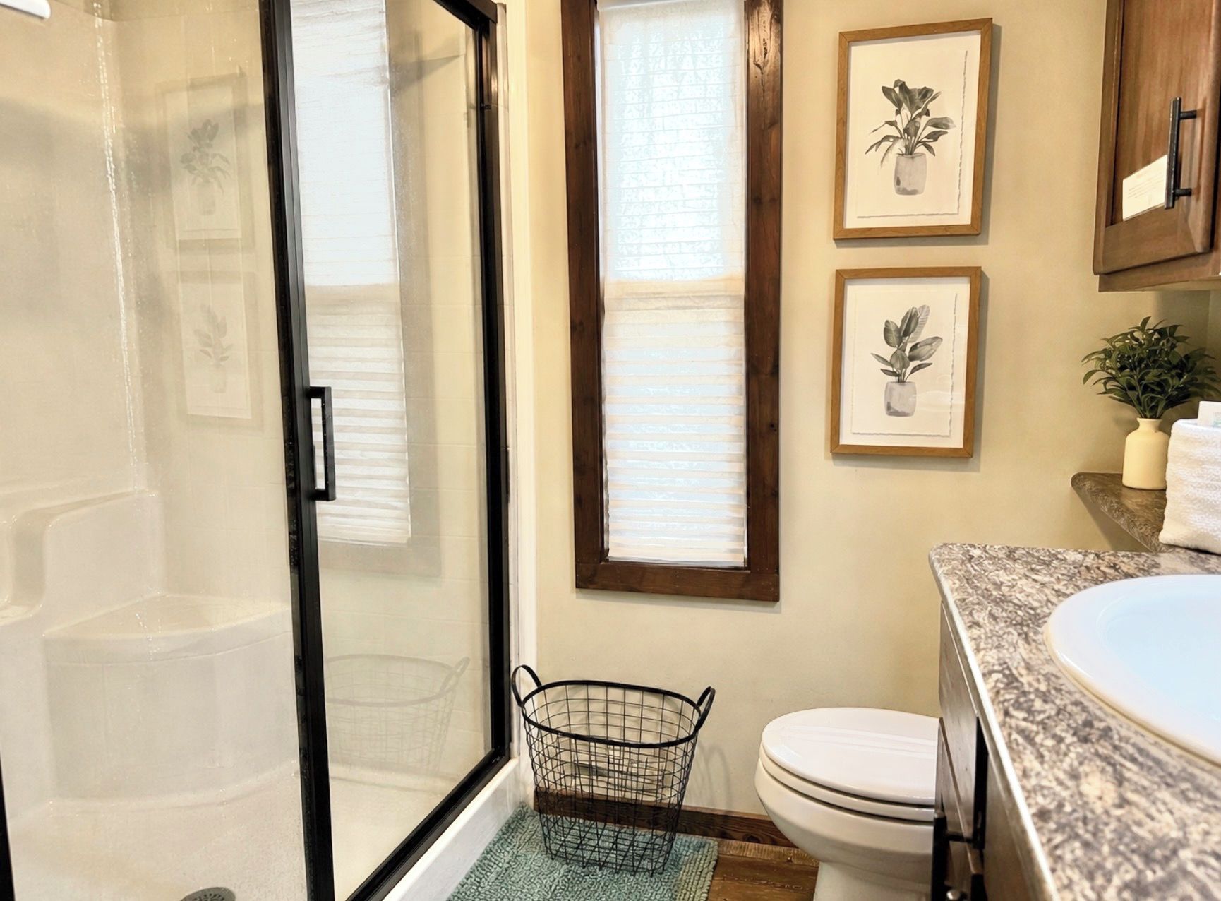 A bathroom with a shower, toilet, sink, and framed plant illustrations on the wall.
