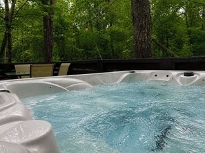 A hot tub surrounded by trees in a forested area.
