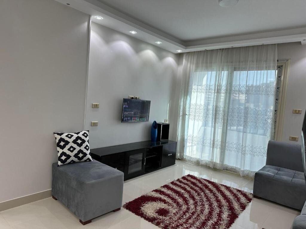 Una sala de estar moderna con un televisor de pantalla plana, sofás grises, un cojín estampado y una alfombra roja y blanca.