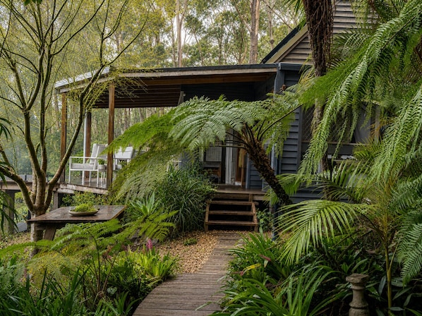 A wooden house surrounded by lush greenery, including ferns and trees.