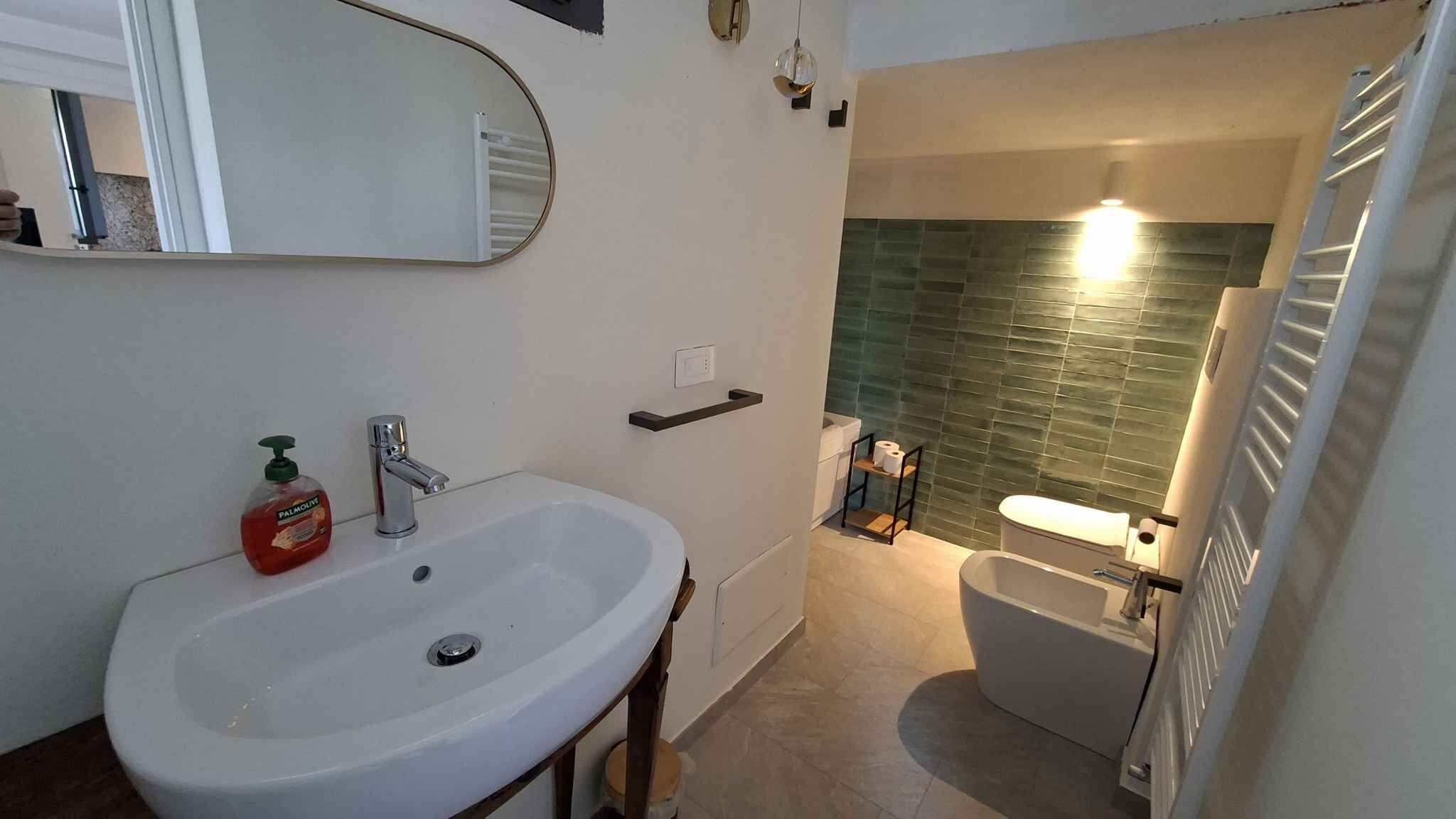 A bathroom with a white sink, a mirror, a toilet, and a shower area.