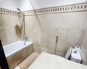 Une salle de bain avec une baignoire, une douche et des toilettes.