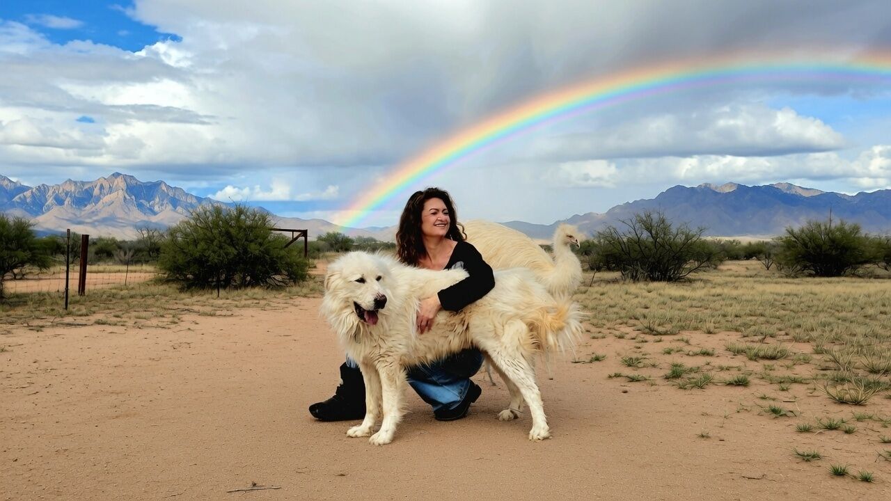 Eine Person mit zwei Hunden in einer Wüstenlandschaft mit Bergen und einem Regenbogen.