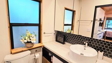 Hair dryer, towels, soap, toilet paper