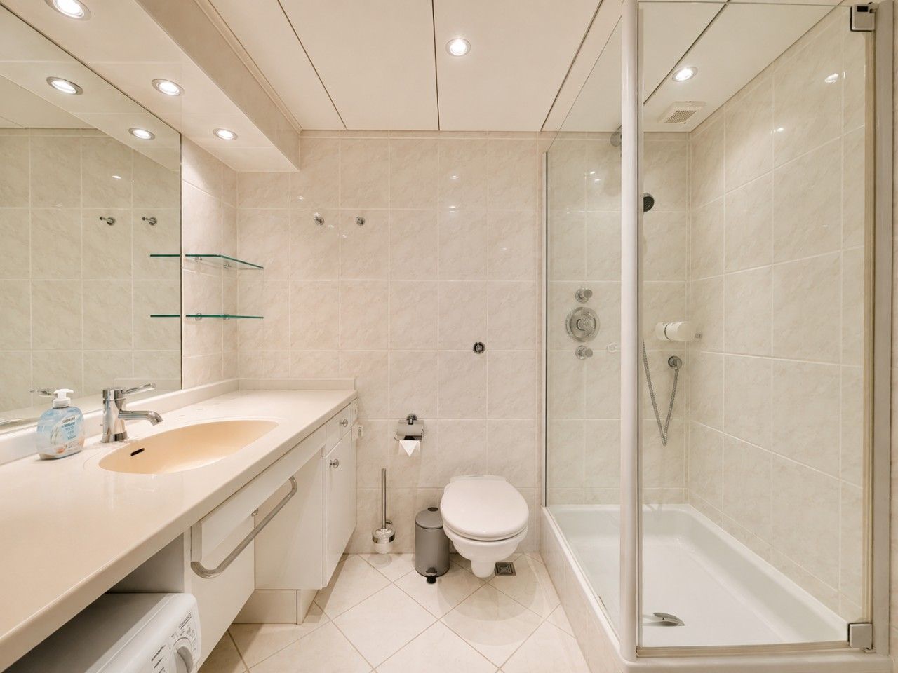 Une salle de bain moderne avec un lavabo, des toilettes et une douche à parois de verre.