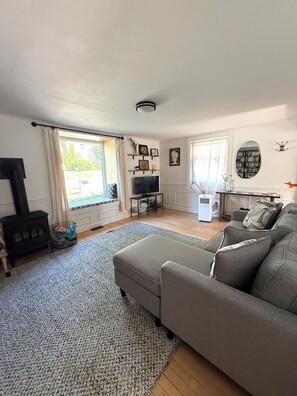 A living room with a sofa, a TV, a fireplace, and a bookshelf. - Sun-Filled Brick Townhouse Near Downtown Bath (Bath)