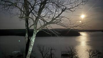 Vista nocturna de un lago con un árbol en primer plano y un bote amarrado en la orilla opuesta.