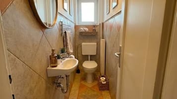 Hair dryer, towels, soap, toilet paper