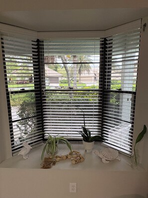 A bay window with black blinds, a potted plant, a decorative shell, and a small statue. - Charming Coastal 1-bedroom condo in wonderful Nokomis, 1 mile from the beach! (Nokomis)