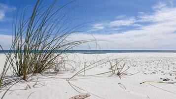 A beach with sand, sparse vegetation, and a clear sky.
