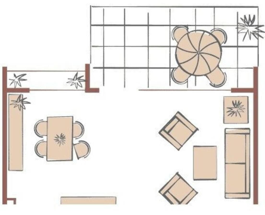 Layout de quarto com mesa de jantar, sofá, cama e ilustração de uma tartaruga.