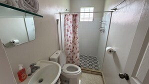 Une salle de bain équipée de toilettes, d’un lavabo, d’une douche et d’un miroir.