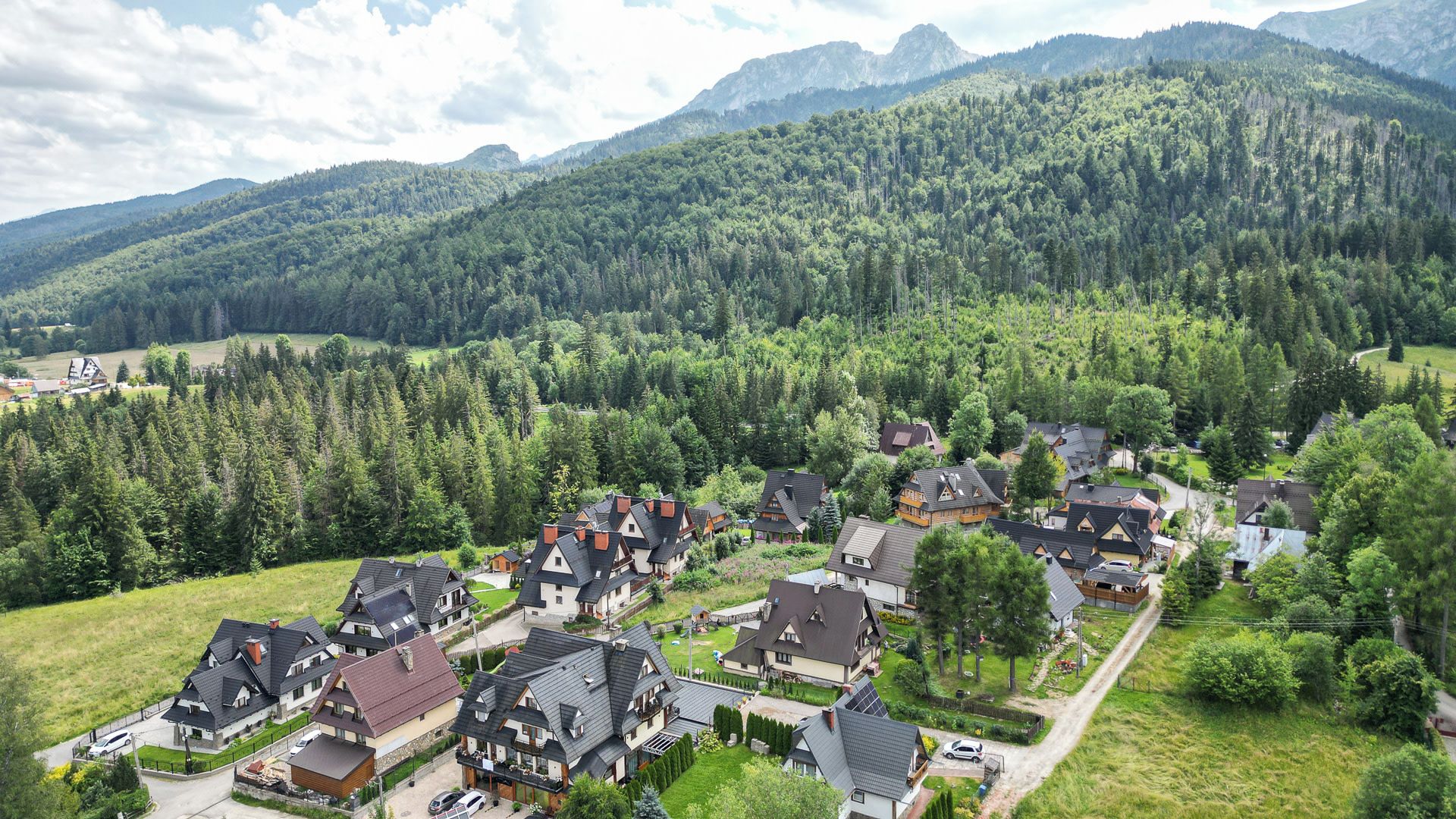 Ein Wohngebiet mit Häusern, umgeben von dichtem Wald und Bergen im Hintergrund.
