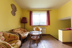A room with a sofa, a chair, a table, a lamp, and a window with curtains. - Gronik Mountain Resort 1 Apartment (Kościelisko)