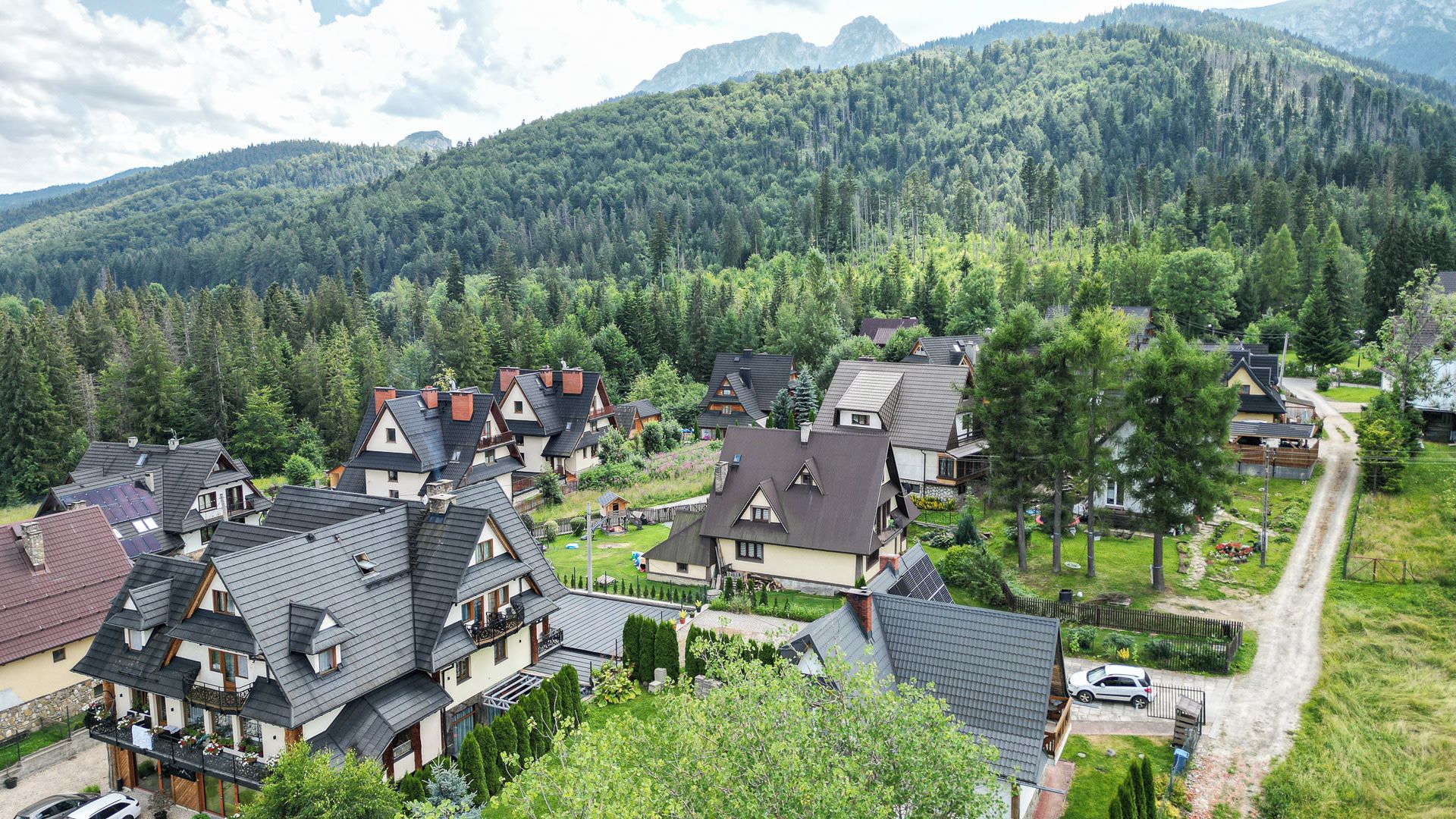 A residential area with houses, a road, and a forested mountain backdrop.