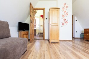 Ett rum med en garderob i trä, en tv-apparat placerad på ett träskåp, en soffa och en duschhörna som syns genom en öppen dörr.