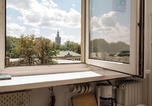 A room with a window overlooking a cityscape, including a prominent tower. - Ogród Saski Homely Apartment (Warszawa)