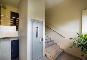 A staircase with a handrail, a door with a handle, and a plant.